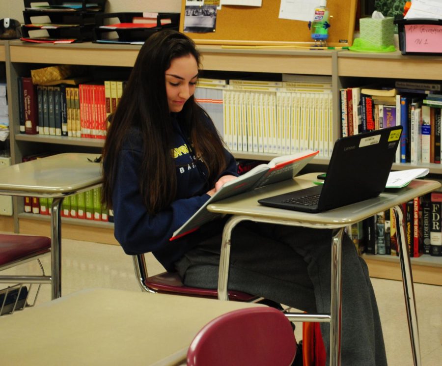 Olivia West uses the Lenovo laptop to help her studies in teacher Stacey Bogus AP Government and Politics  class.