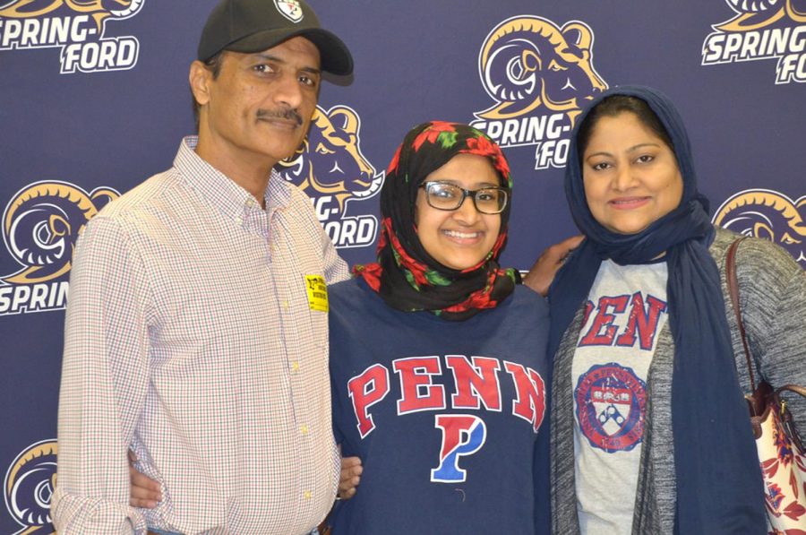 Hiba+Hamid+poses+with+her+parents+during+Decision+Day+at+Spring-Ford+High+School.+Hamid+will+attend+the+University+of+Pennsylvania+next+year.+