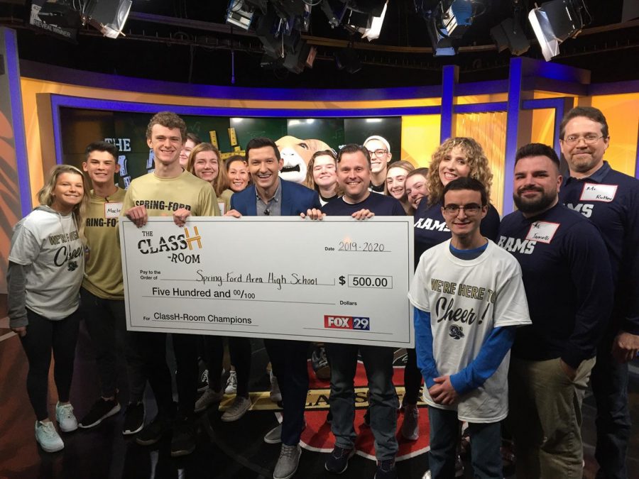 Teachers and student join host Richard Curtis for a taping of Fox29s The ClassH-Room. The teachers defeated the students to win $500 for student scholarships. 