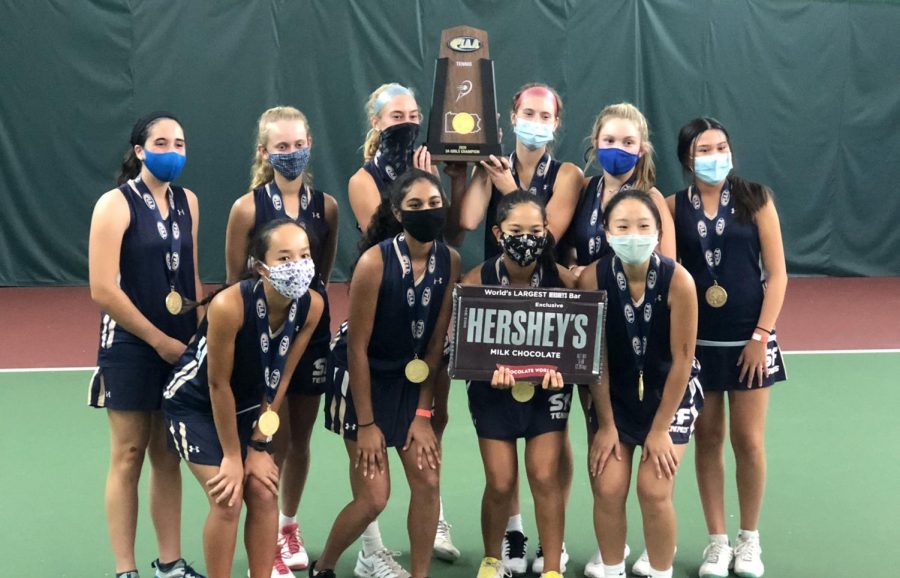 The Spring-Ford girls tennis team celebrates its Pennsylvania Interscholastic Athletic Association state championship in Hershey. 