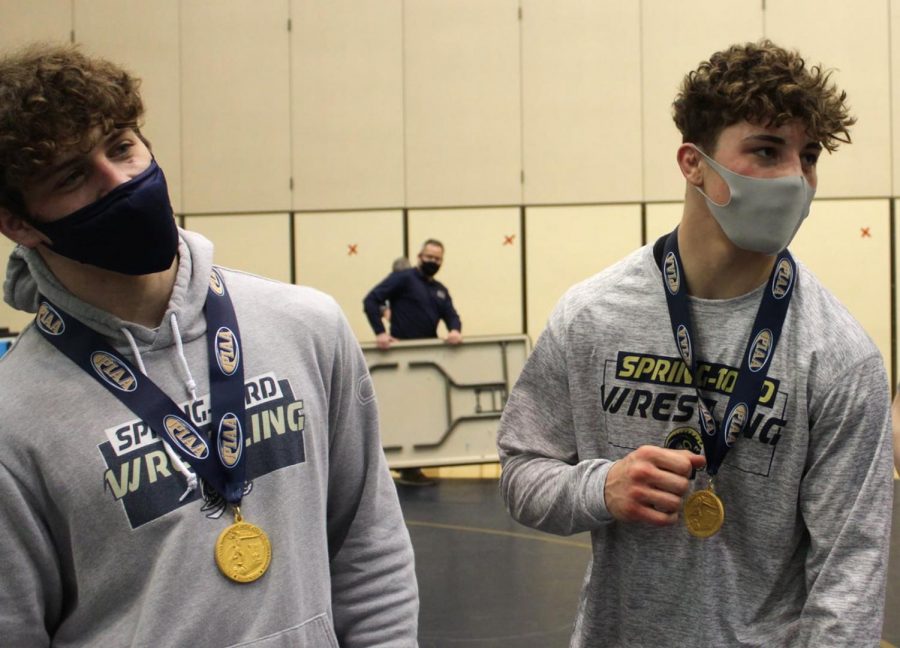 Spring-Ford senior Joey Milano (right) and Jack McGill celebrate following a win earlier this season. Milano won the schools first-ever state wrestling championship on Saturday at the PIAA Class AAA Tournament. Teammate Jack McGill earned a silver medal. 