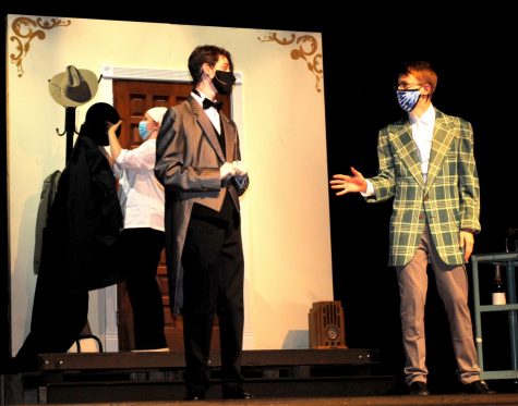 Actors (from left) Caitlyn Swartz, Dylan Clark, and Brendan MacCoy perform during rehearsals for Spring-Ford’s production of “Clue On Stage.”