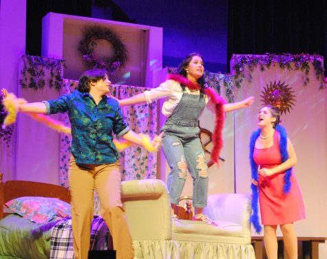 Iz Maslin (from left), Shelagh Kratz, and Annie Rizzo sing in Spring-Ford Theater’s “Mamma Mia!” during rehearsals. 
