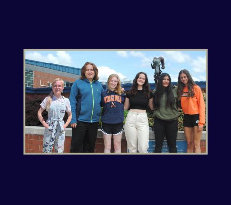 Spring-Ford seniors editors (from left) Jamie Ford, Jeffrey Crosten, Ally McVey, Jackie Vickery, Maitri Patel, and Jade Weller are pictured in front of the Ram statue. Each editor has worked on the paper several years. 