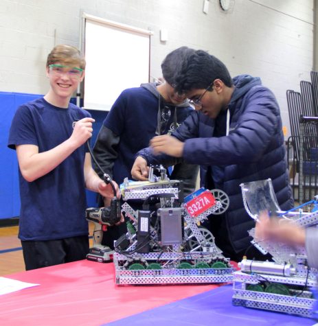 Spring-Ford students (from left) Joe Vanisko, Sai Shettar, and Sumit Laha prepare for the 2023 Vex Robotics Competition at the Ninth-Grade Center. 