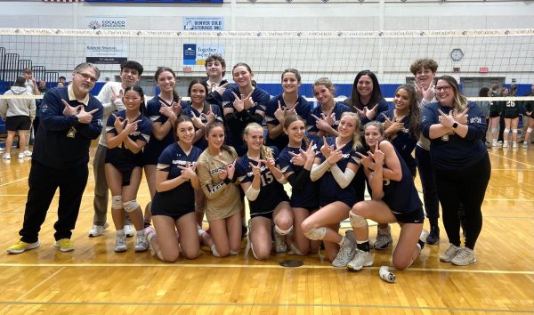 Spring-Ford's girls volleyball team celebrates a victory over Central Dauphin to reach the state championship match. SUBMITTED PHOTO