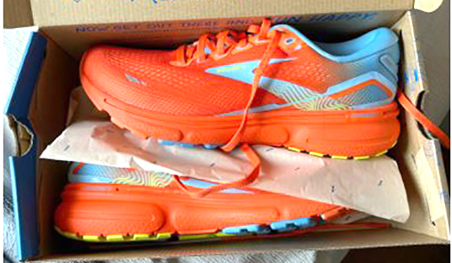 Brooks running sneakers are pictured. Footwear is an important consideration for distance runners. 