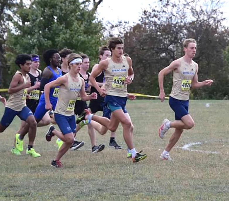 Spring-Ford cross country runners (from right to left) Elijah Dunham, Justin Delp, and Mason Short compete in a match this past fall. Photo courtesy of Danielle Stauffer.