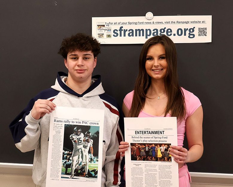 Seniors Max Barnaik, left, and Regan Schlesinger recently finished among the state’s top high school journalists in the Keystone Student Media Awards competition, sponsored by the Pennsylvania News Media Association. Barnaik earned honorable mention in the sports photography category while Schlesinger earned honorable mention in the features writing category. 